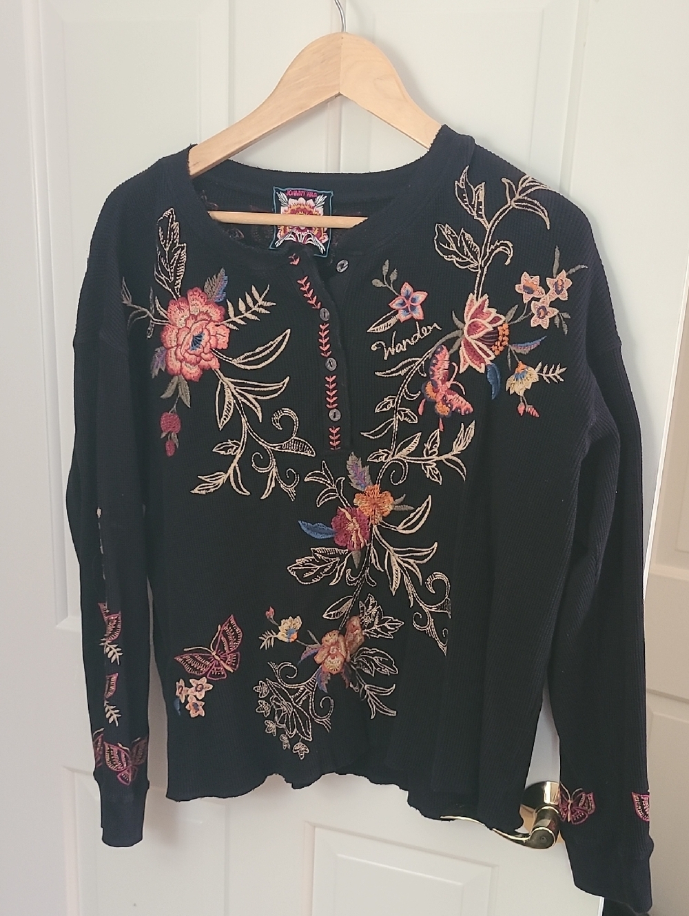 Johnny Was Black Waffle henley with Multicolor Floral Embroidery
